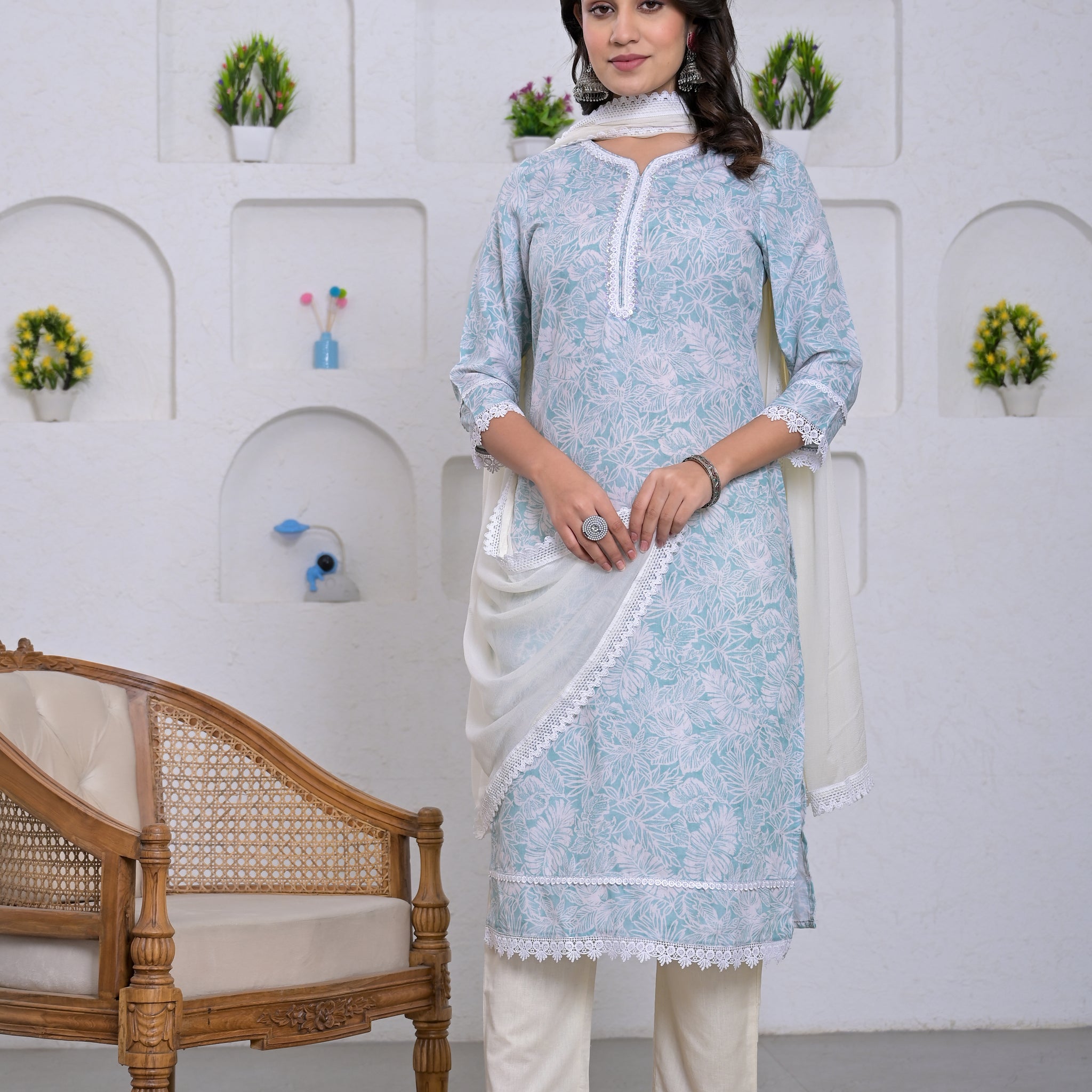 Mint Green Floral Printed Salwar Suit Set