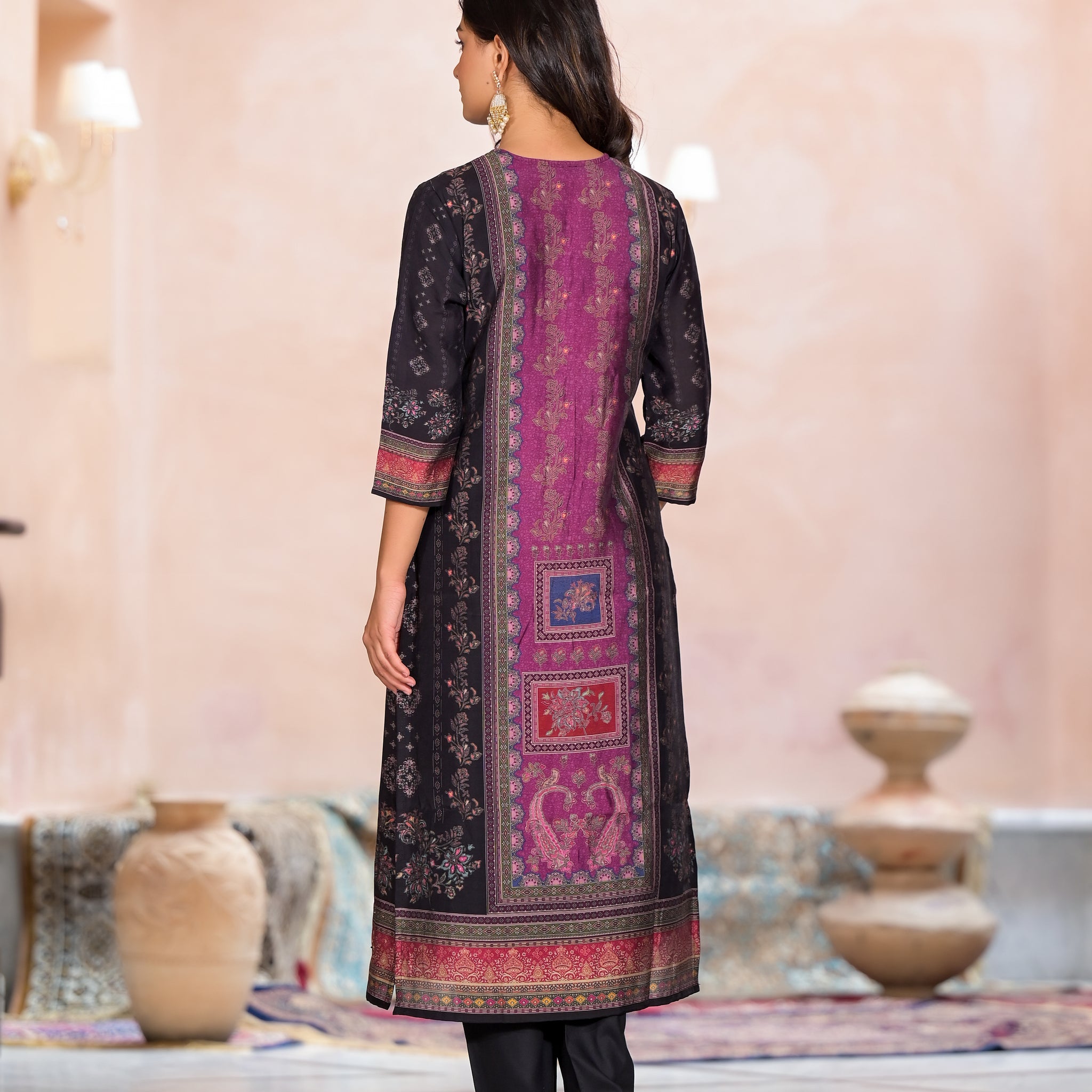 Ethnic Charm Printed Kurta Set in Black and Fuchsia