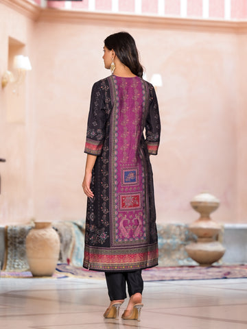 Ethnic Charm Printed Kurta Set in Black and Fuchsia