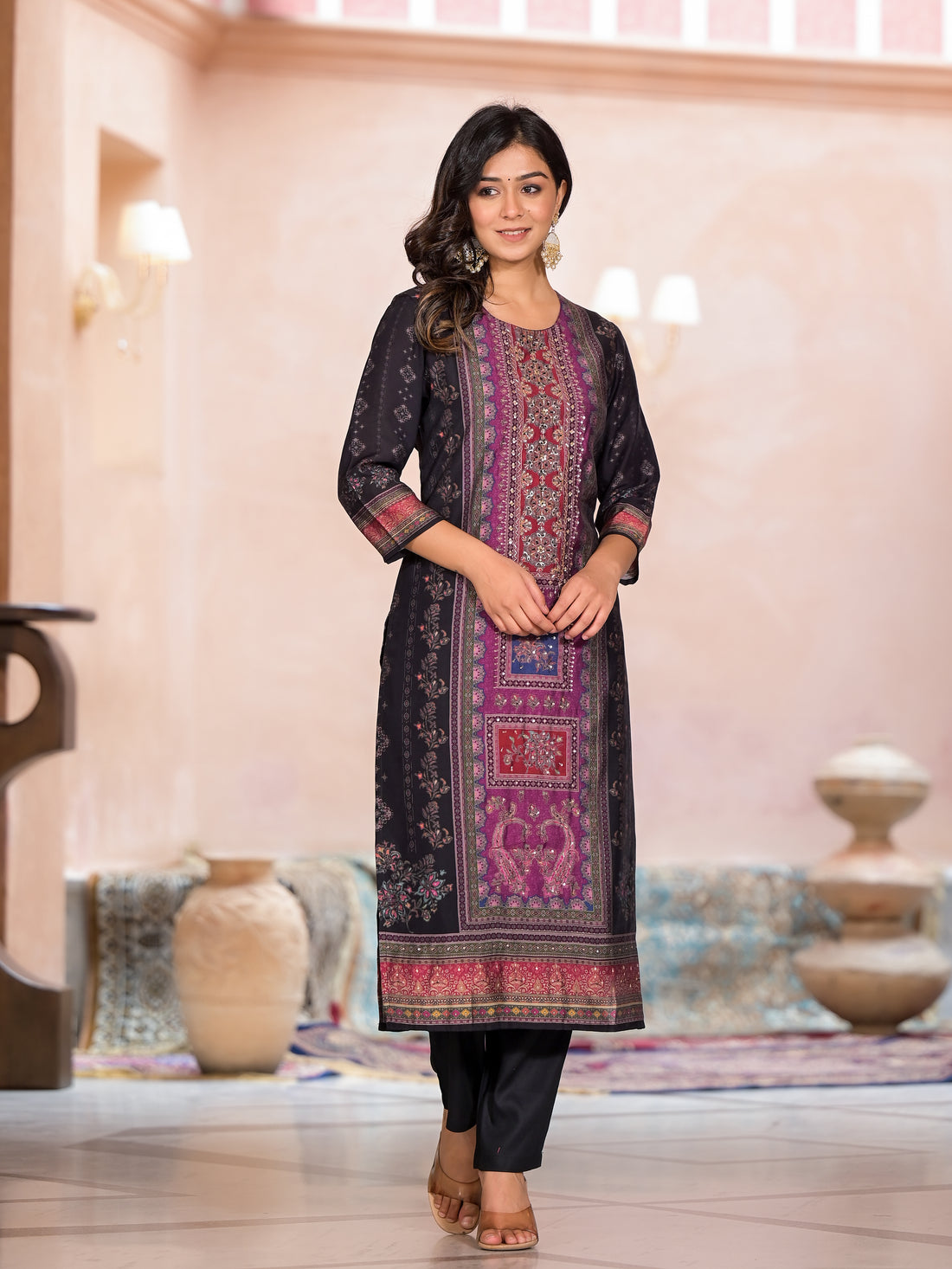 Ethnic Charm Printed Kurta Set in Black and Fuchsia