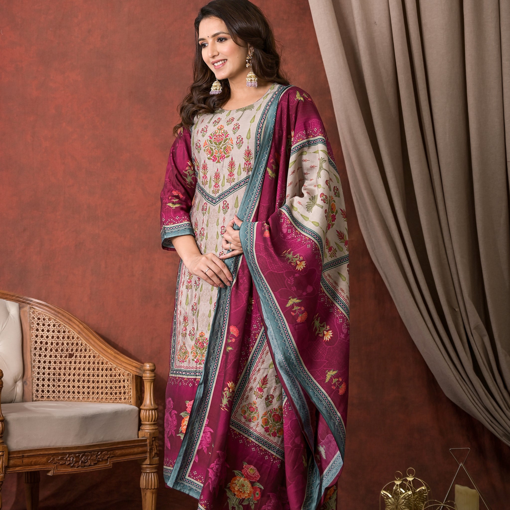 Elegant Floral Embroidered Cream and Maroon Kurta Set