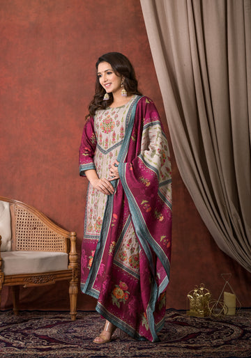 Elegant Floral Embroidered Cream and Maroon Kurta Set