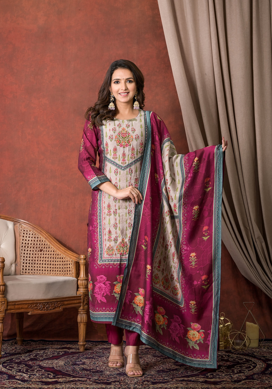 Elegant Floral Embroidered Cream and Maroon Kurta Set