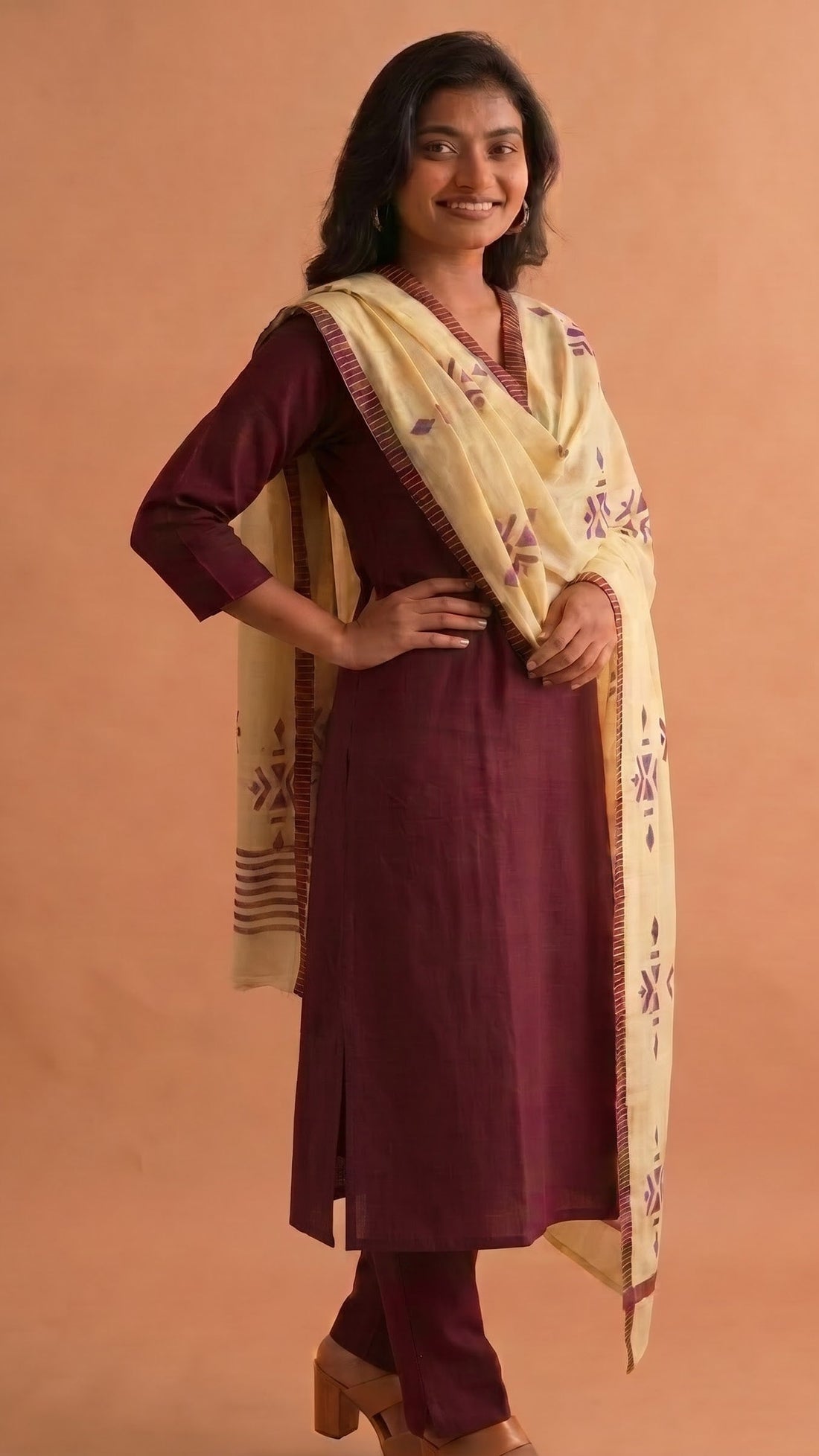 Royal Plum Embroidered Kurta Set with Cream Dupatta