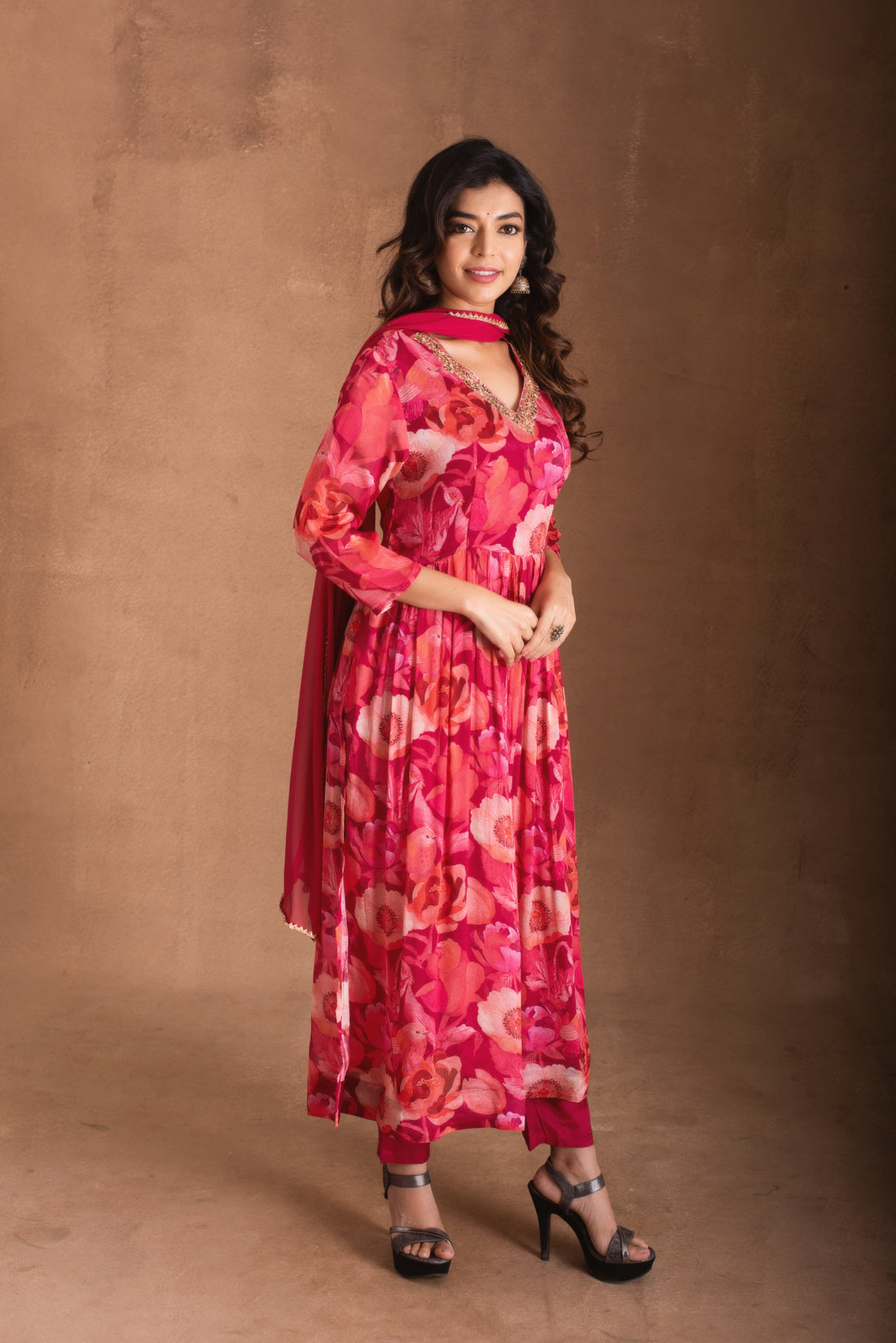 Vibrant Red Floral Anarkali Salwar Suit Set