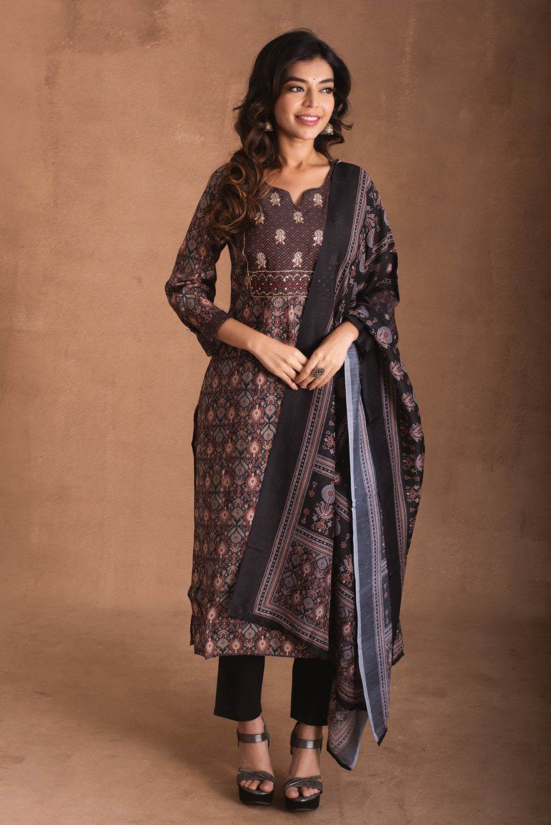 Exquisite Black and Rust Floral Printed Salwar Suit Set