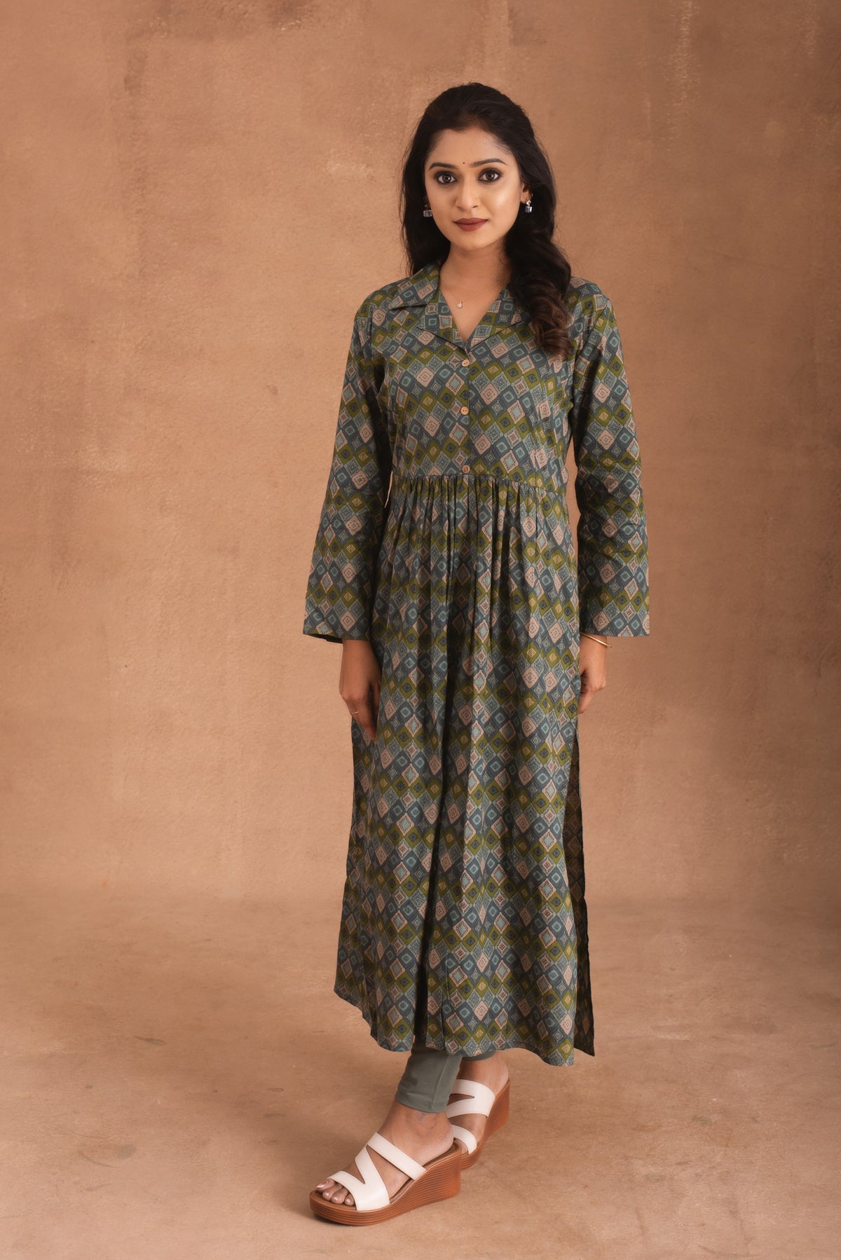 Olive Artisan Gathered Green Kurti