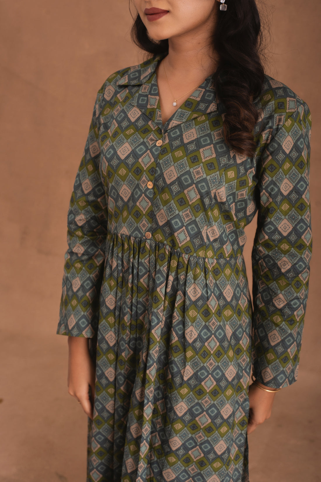 Olive Artisan Gathered Green Kurti