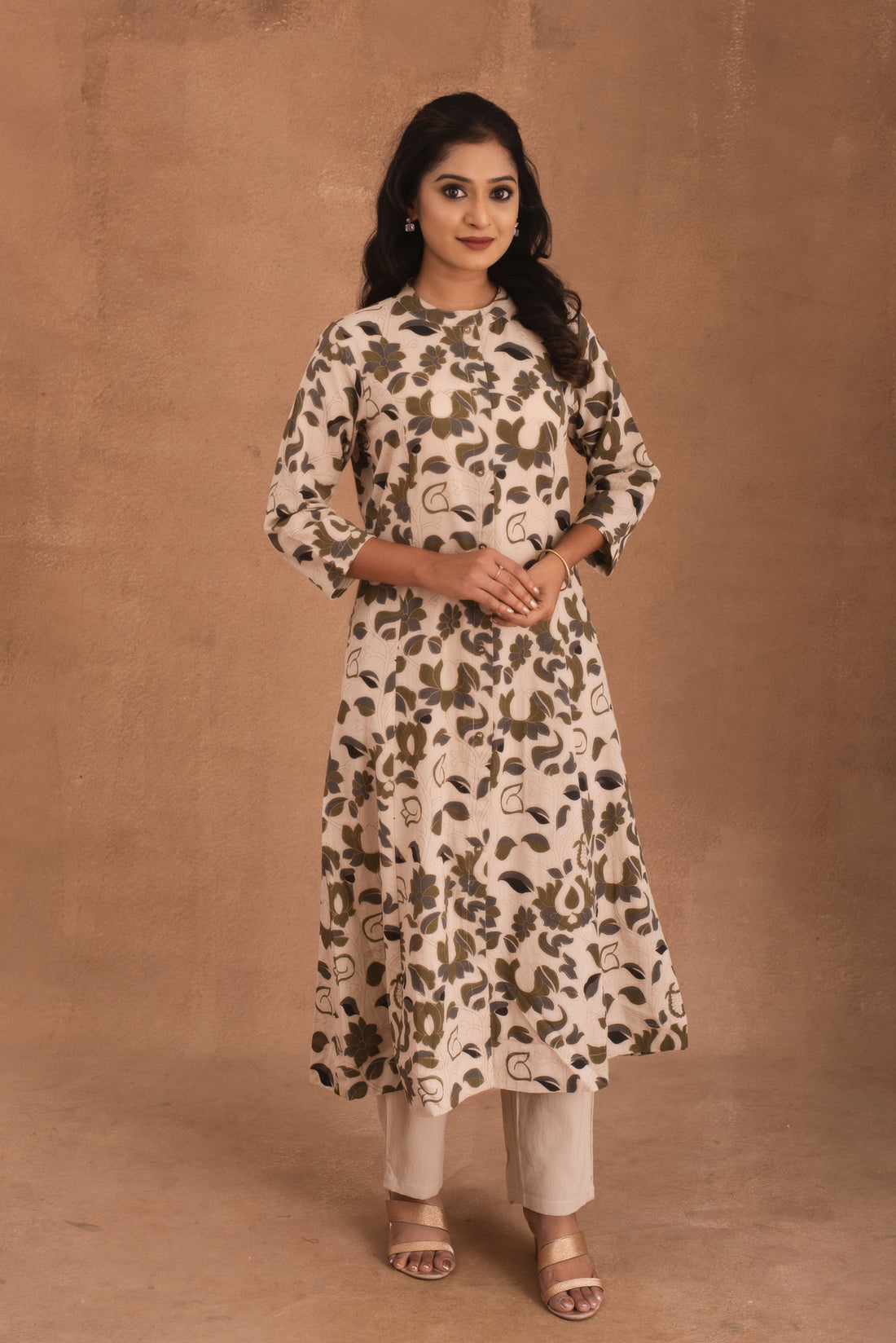 Floral Harmony Beige A-Line Kurti