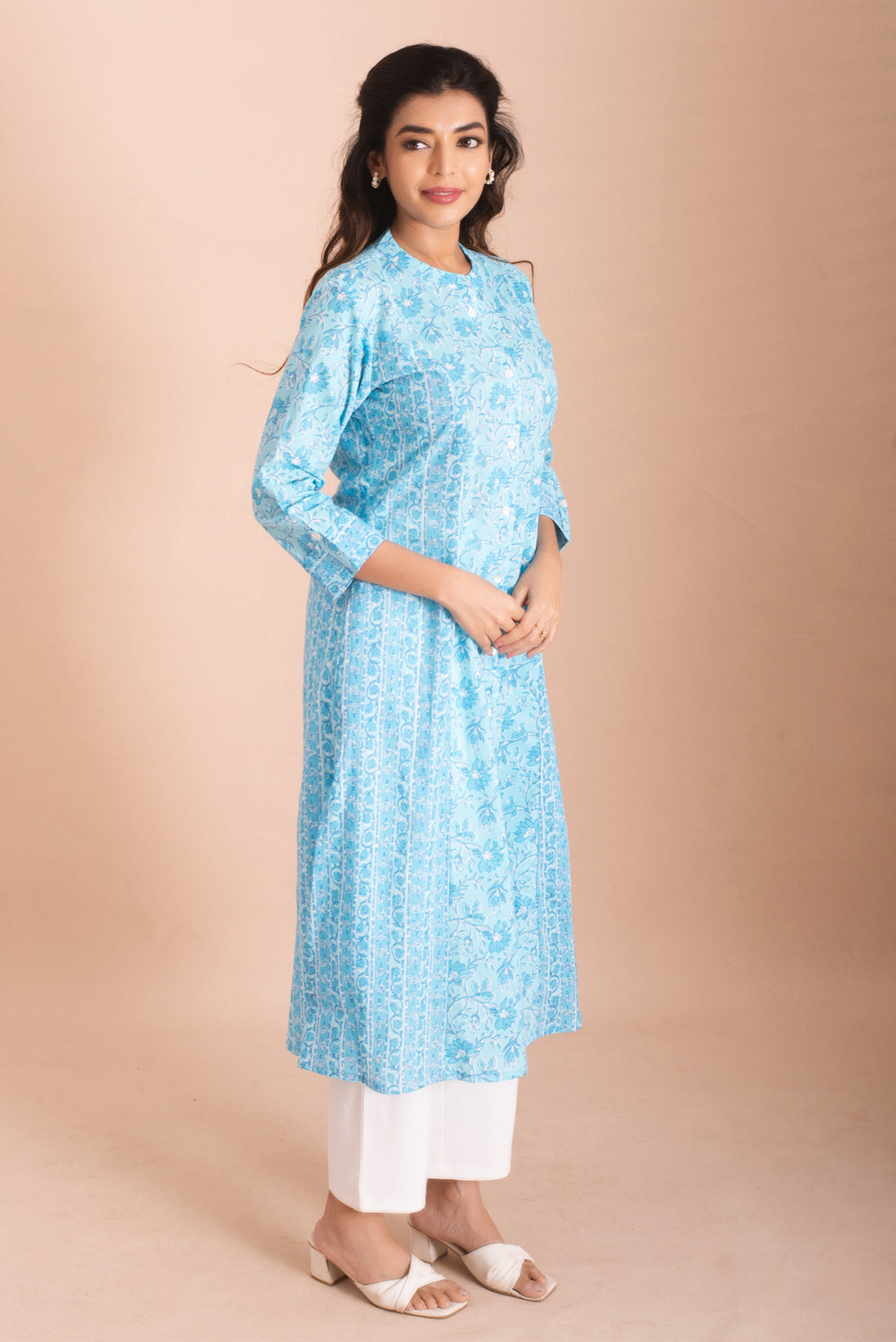 Aqua Blue Floral Print Princess panel Kurti