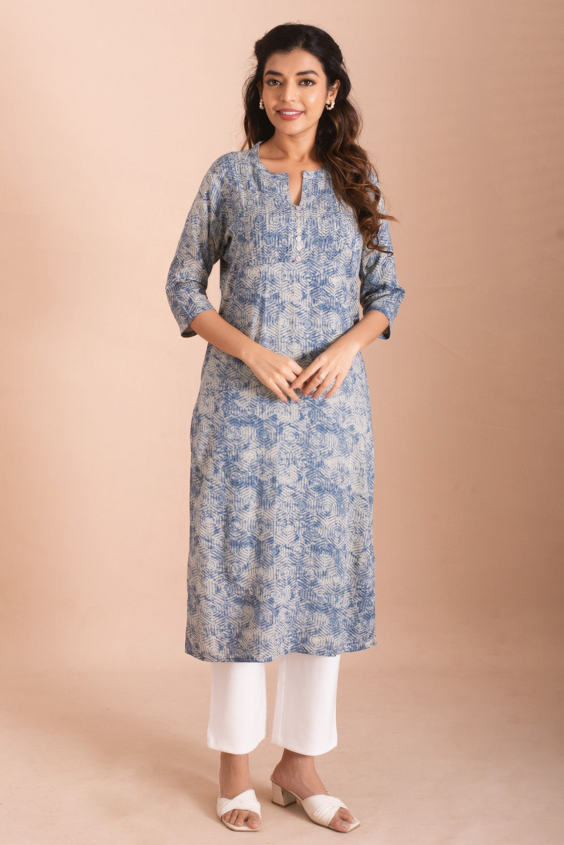 Blue and White Geometric Dot Print Kurti