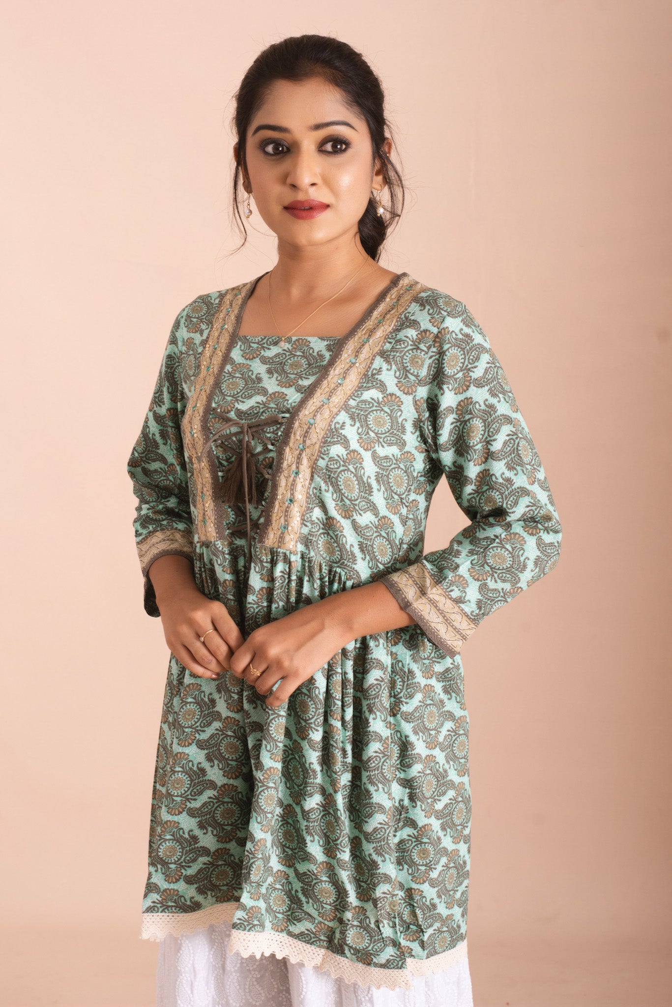 Elegant Paisley Sea Green Gathered Tunics