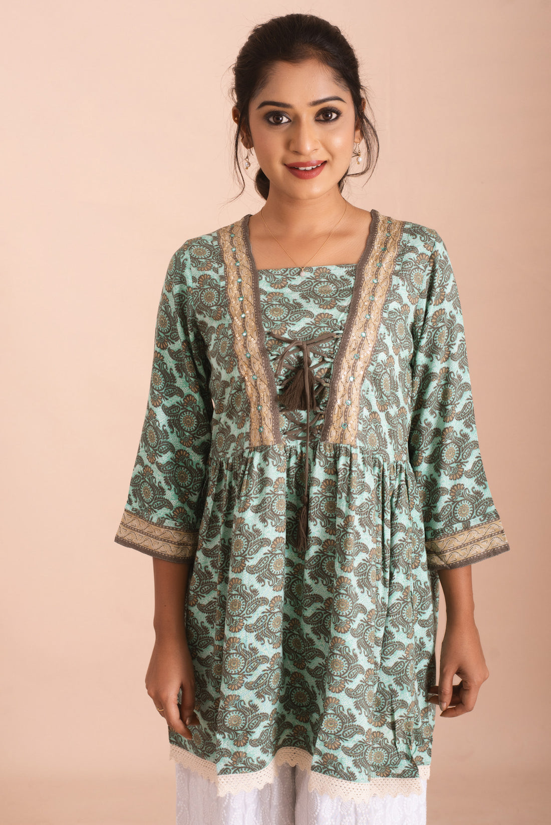 Elegant Paisley Sea Green Gathered Tunics