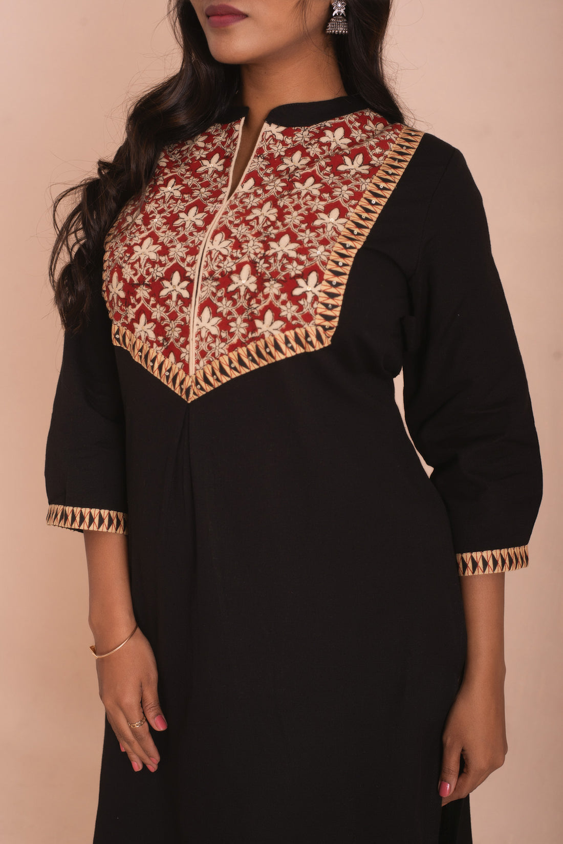 Black Kurta with Rich Maroon Indian Print