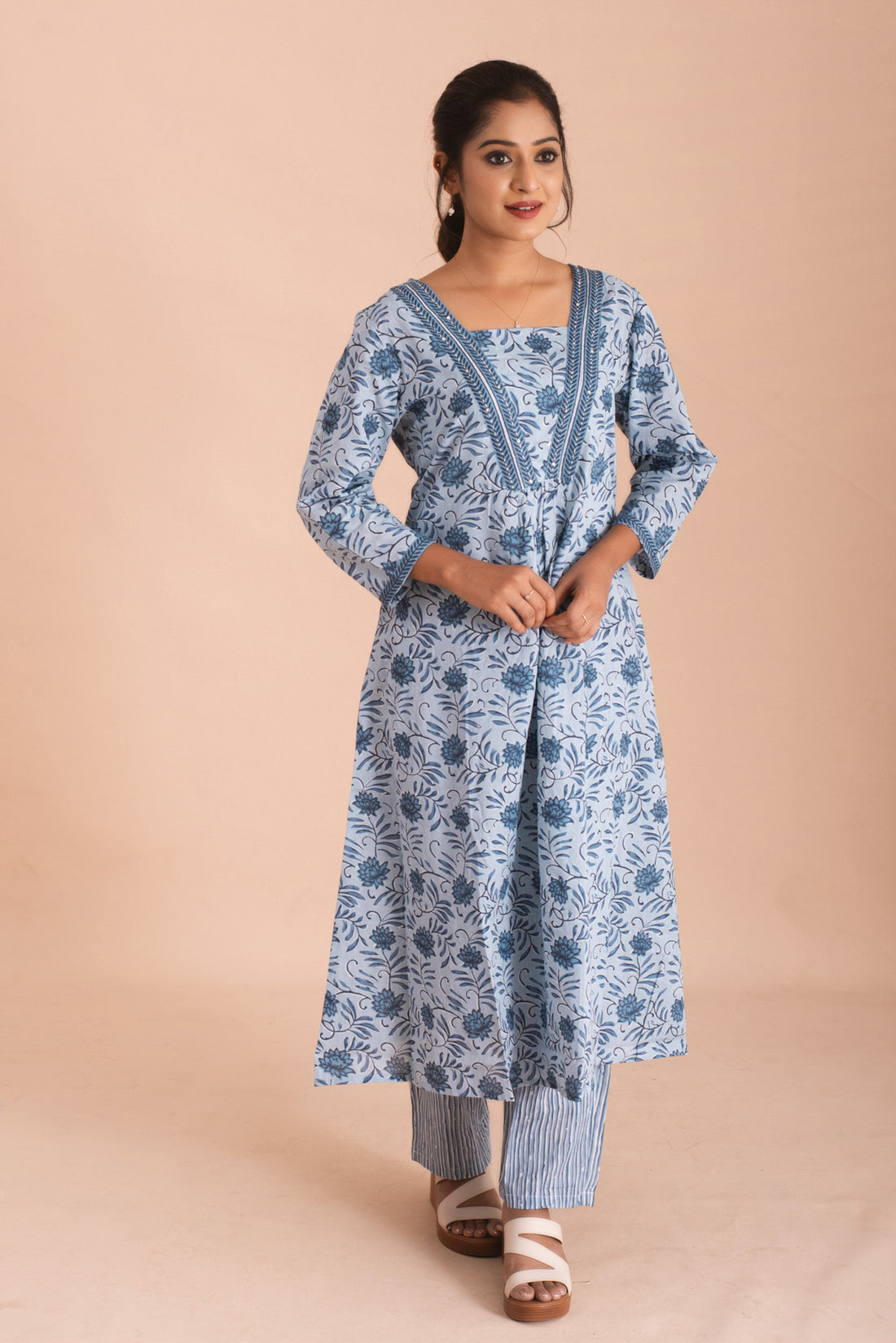 Blue Floral A line kurti with striped bottom Co-Ord set