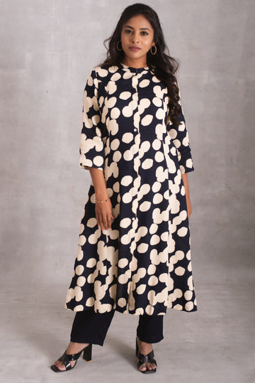 Sapphire and Ivory Polka Dot Longline Kurta Set