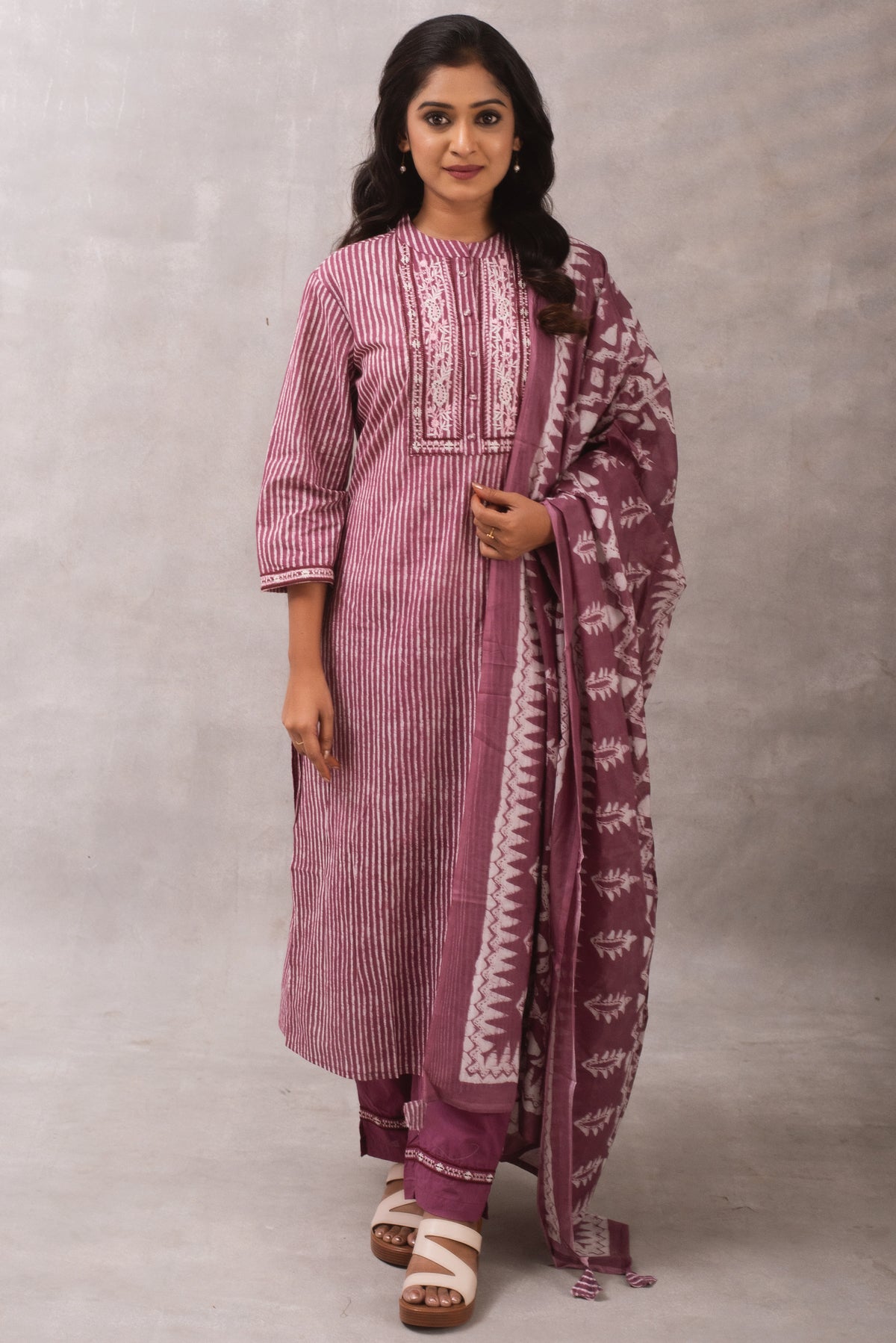 Orchid Stripes Embroidered Kurti Set with Dupatta