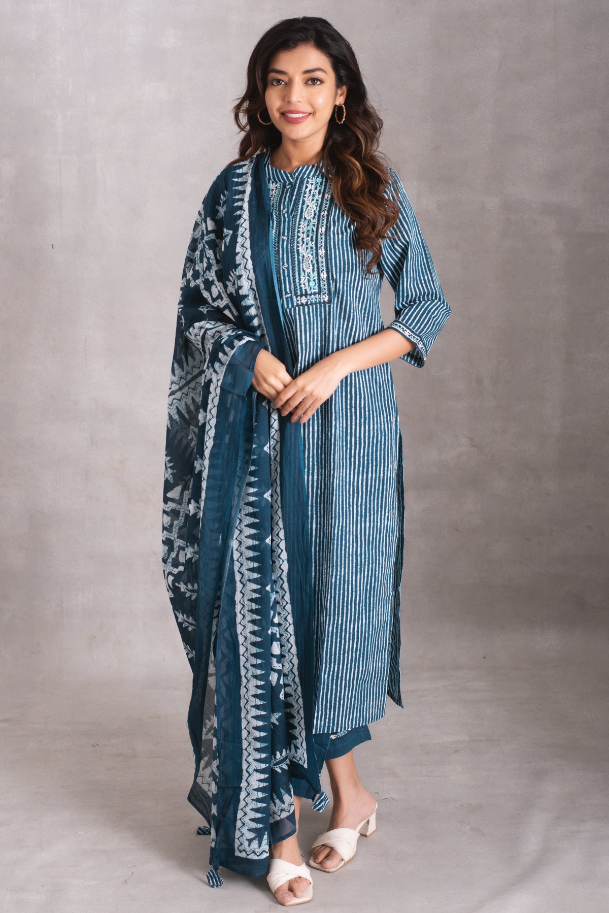 Teal Stripes Embroidered Kurta Set with Dupatta