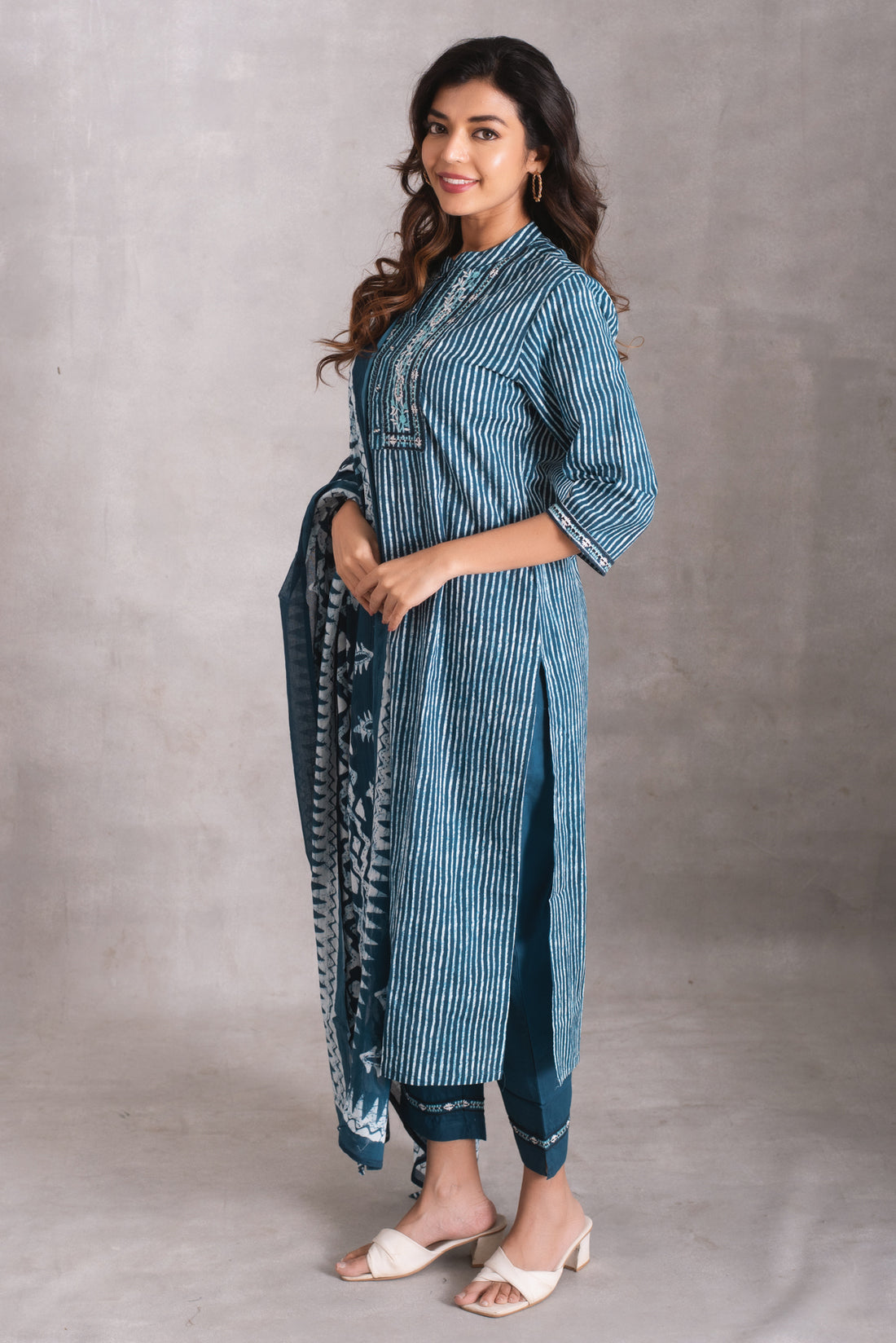 Teal Stripes Embroidered Kurta Set with Dupatta