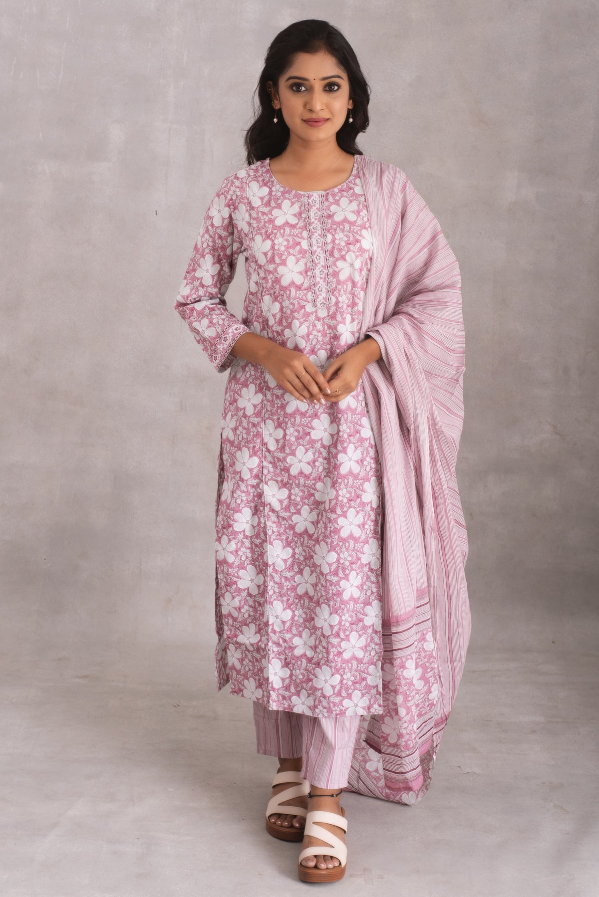 Blush Pink Floral Kurta Set with Striped Dupatta