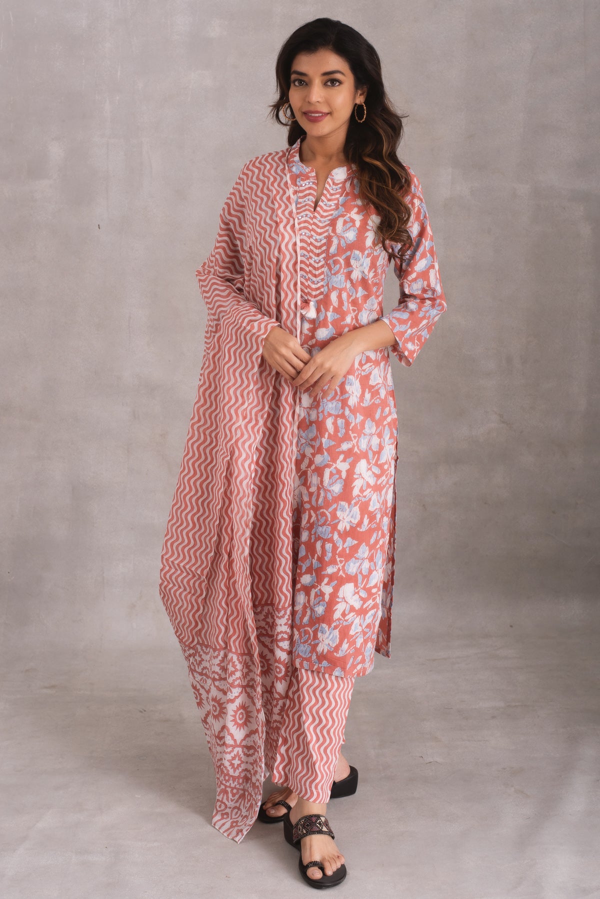 Peach Pearl Floral Printed Kurta Set with Dupatta