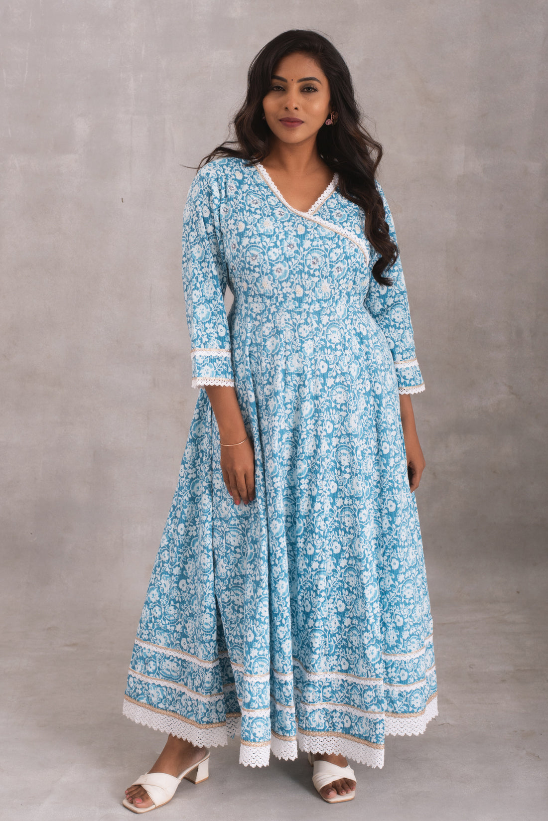 Carolina Blue Floral Anarkali Kurti Set with Dupatta