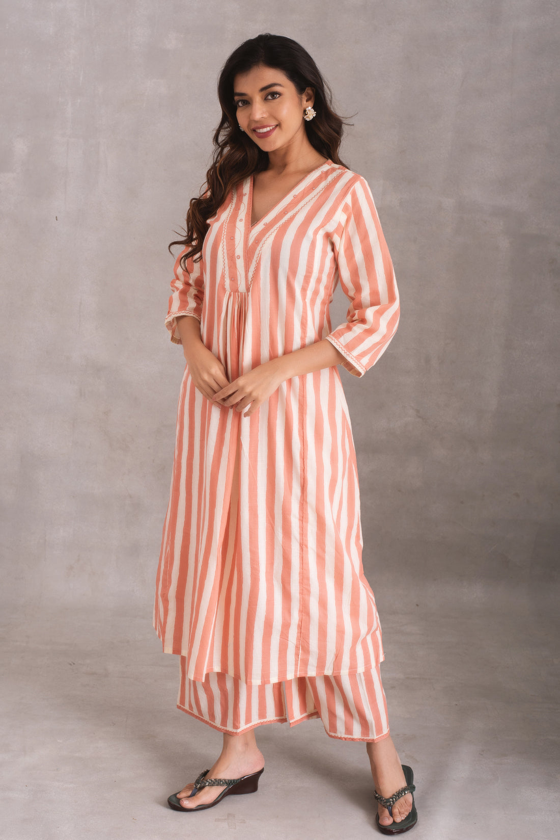 Elegant Peach and White Striped Kurti Set