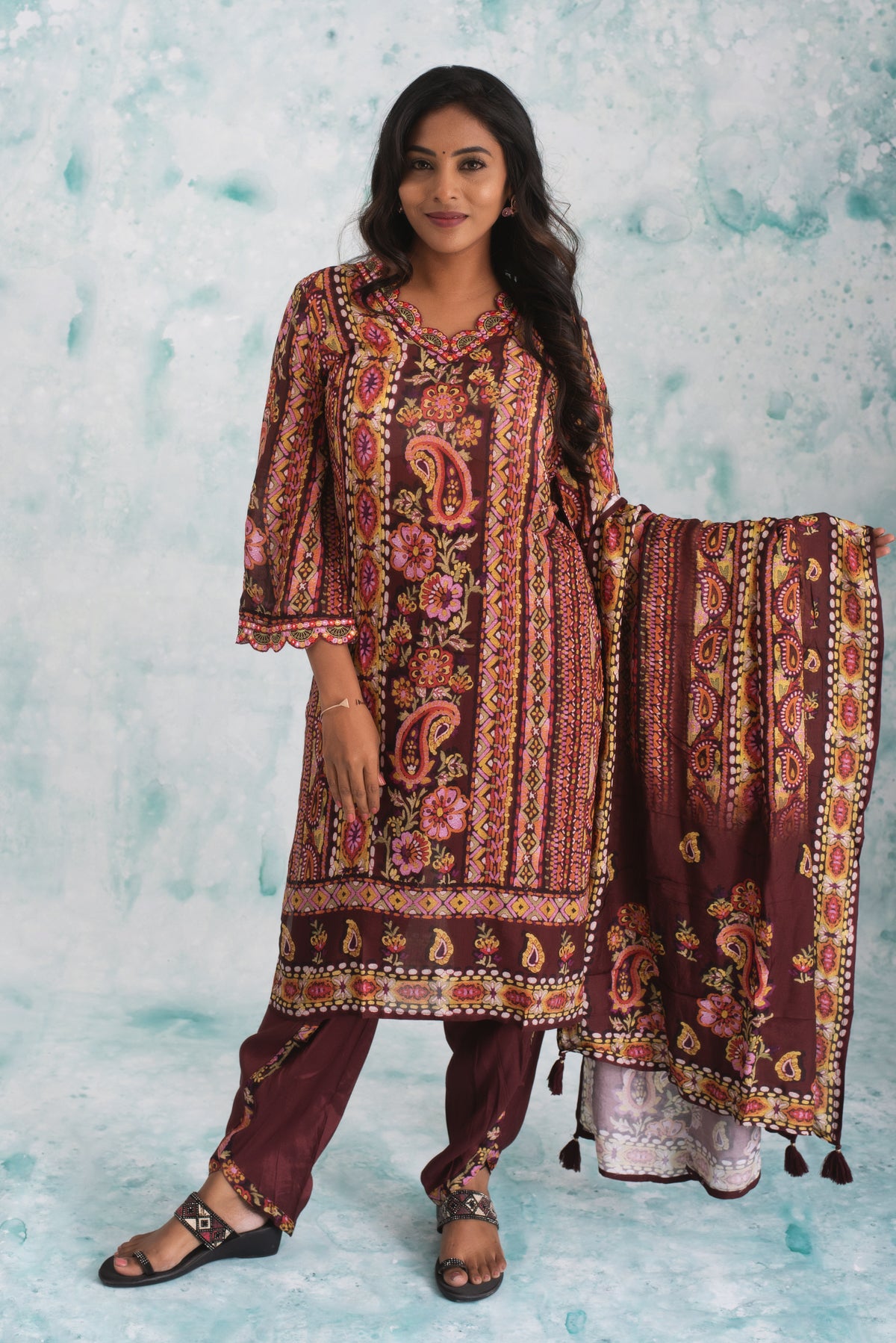 Majestic Maroon Paisley Print Kurti Suit Set