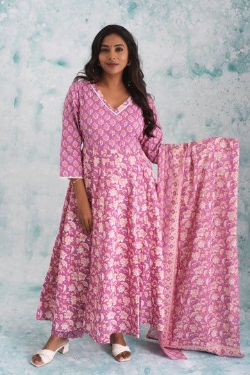 Flamingo Pink Floral Anarkali Kurta Set