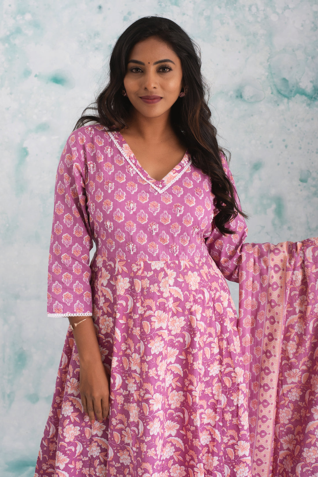 Flamingo Pink Floral Anarkali Kurta Set