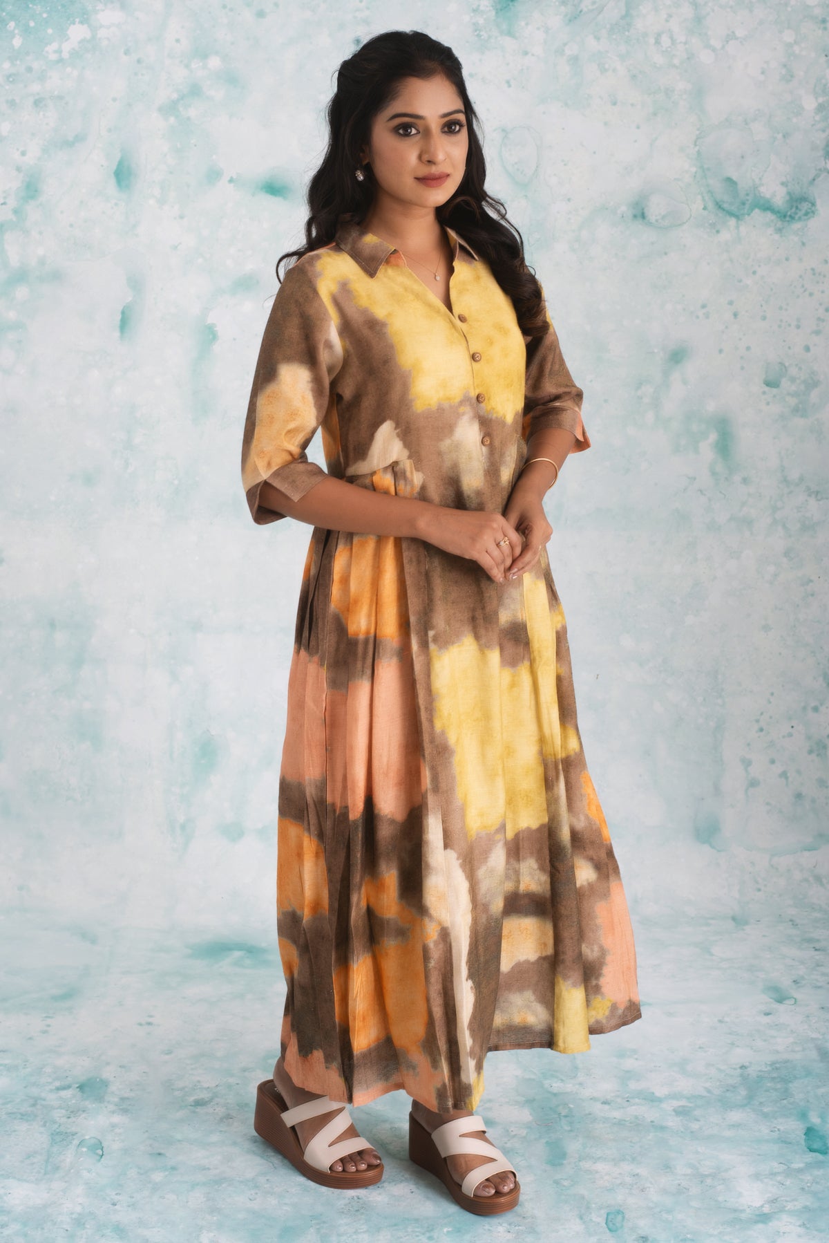 Earthy Tie-Dye Collared Maxi Dress