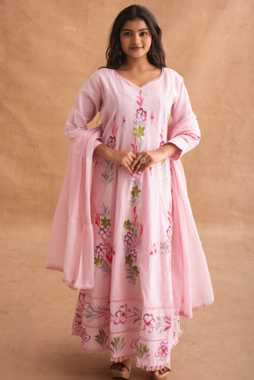 Pastel Pink Floral Hand Painted Anarkali Kurta Set