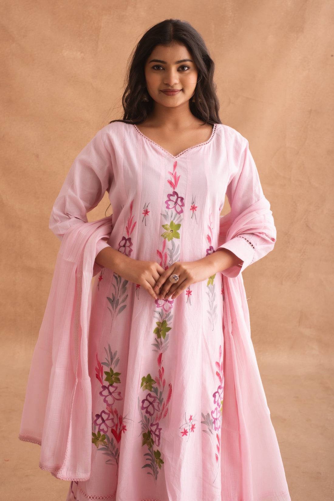 Pastel Pink Floral Hand Painted Anarkali Kurta Set