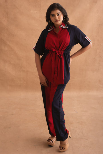 Red and Navy Color-Blocked Co-ord Set with Tie-Waist Detail