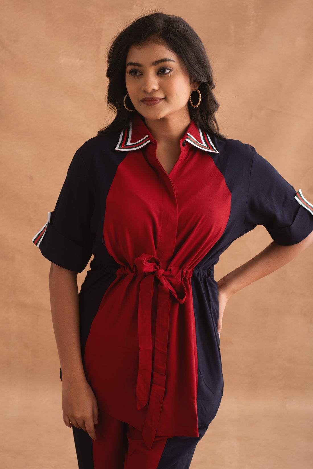 Red and Navy Color-Blocked Co-ord Set with Tie-Waist Detail