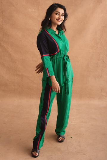 Green And Black Color-Blocked Co-ord Set with Tie-Waist Detail