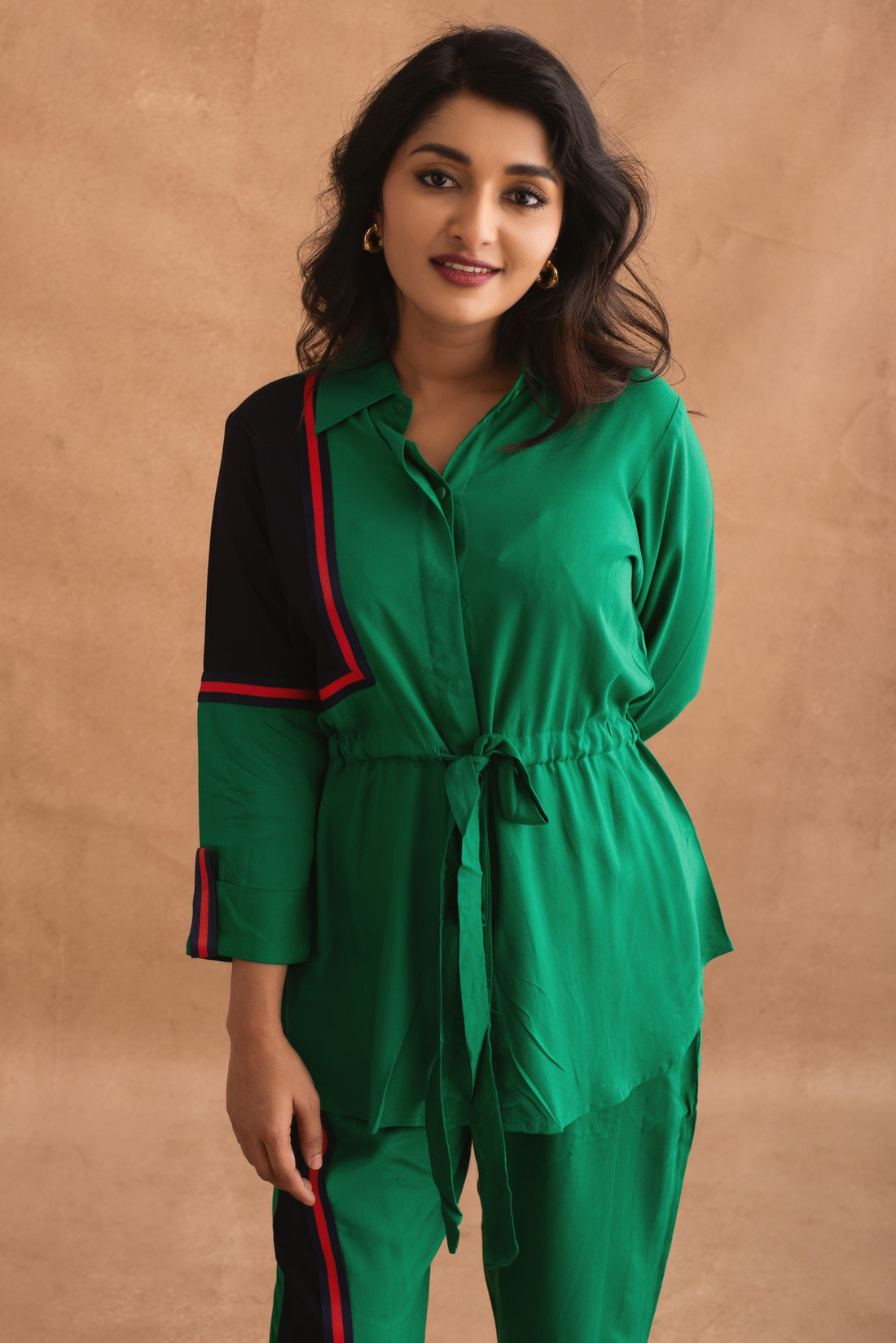 Green And Black Color-Blocked Co-ord Set with Tie-Waist Detail