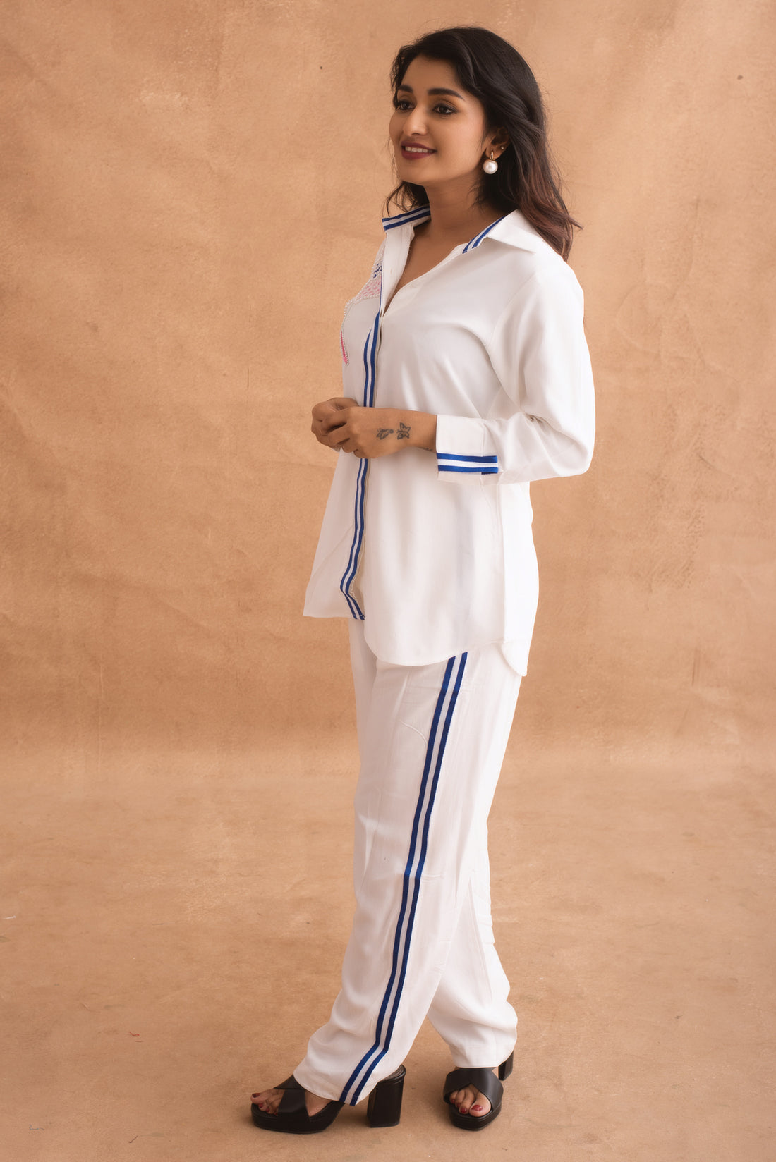 White Beaded Shirt & Pants Co-ord Set with Blue Stripes