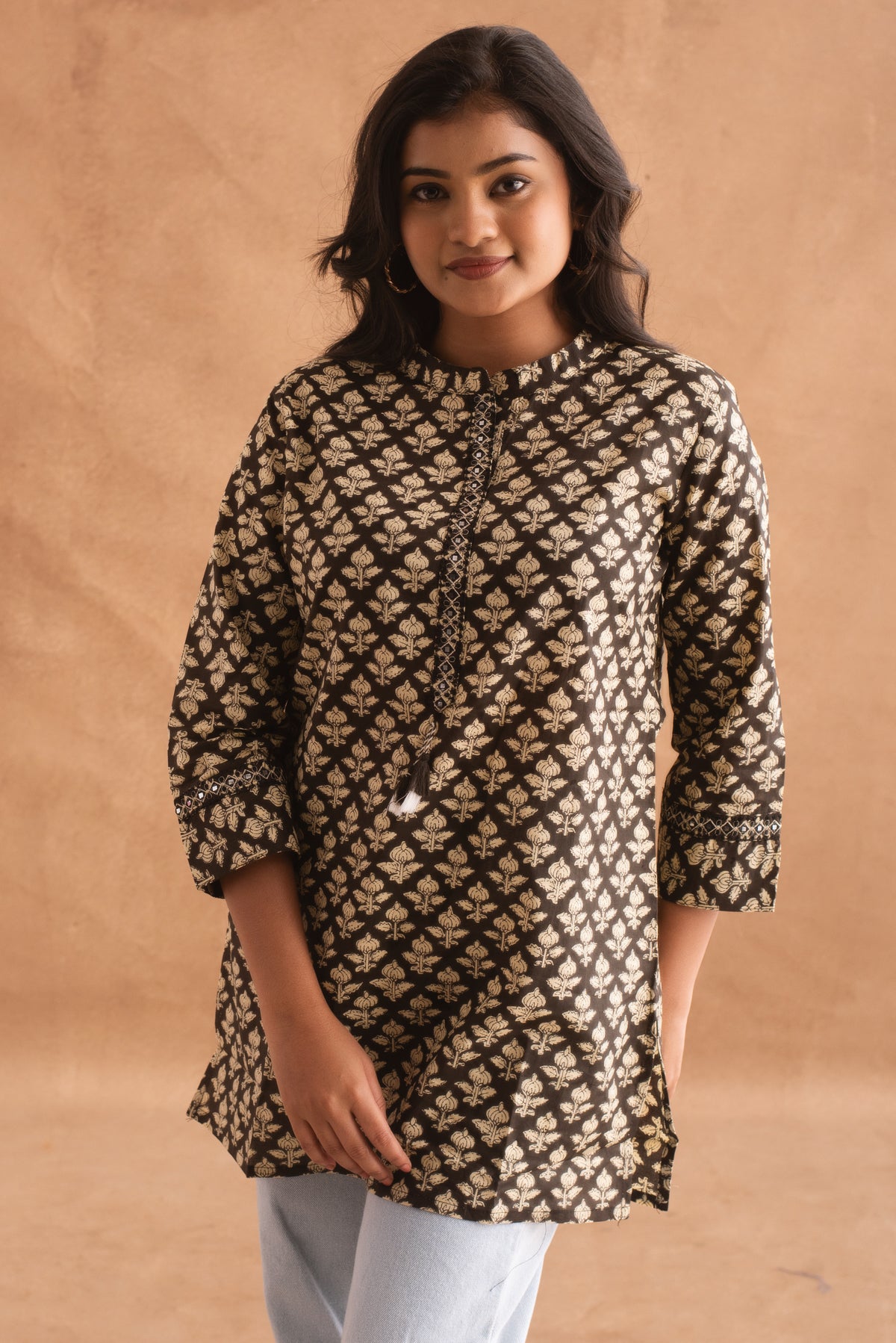 Subtle Black and Beige Floral Block Print Tunic