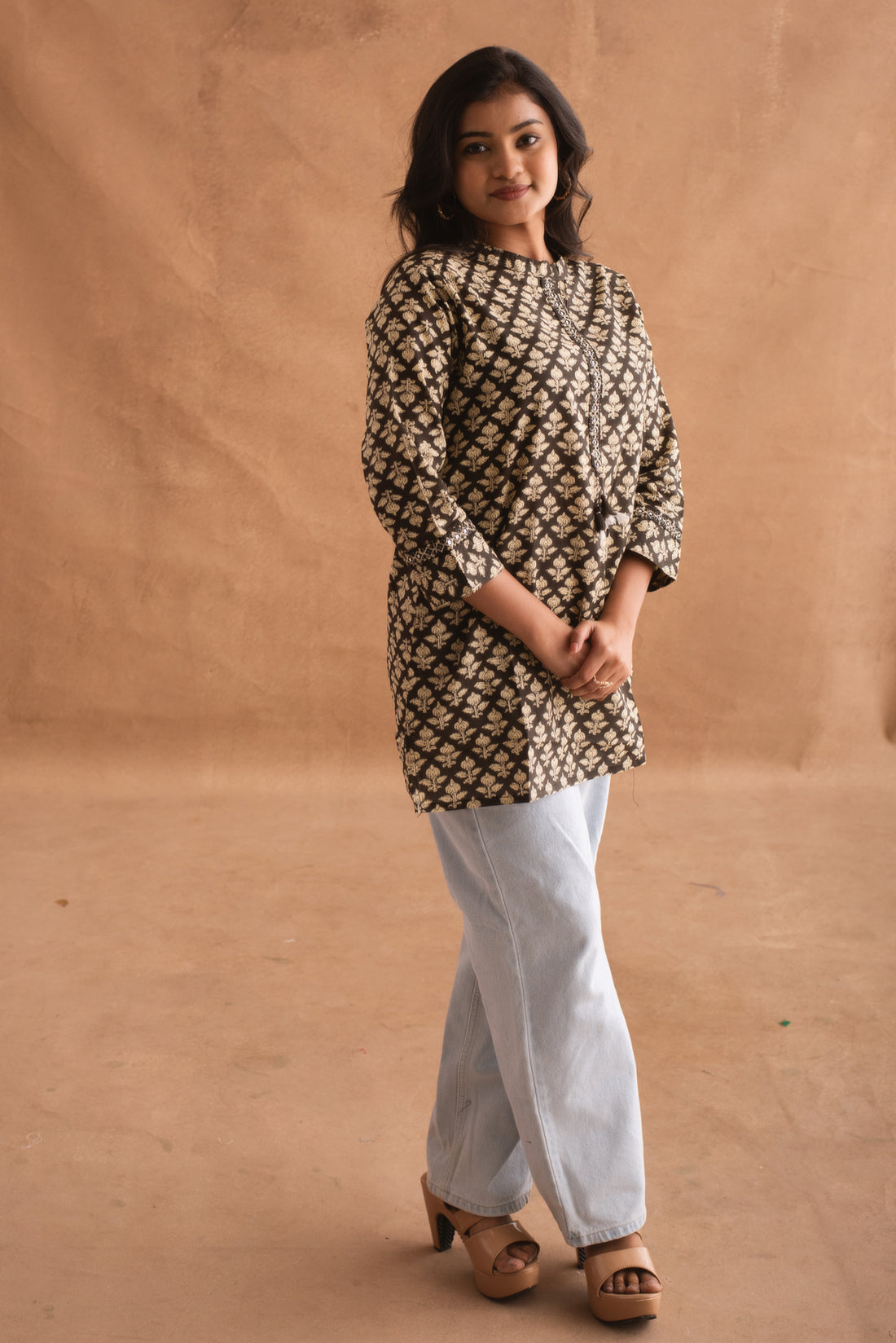 Subtle Black and Beige Floral Block Print Tunic