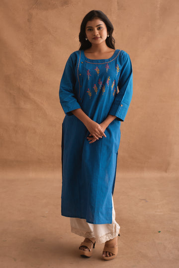 Egyptian Blue kurta with Minimal Hand Embroidery