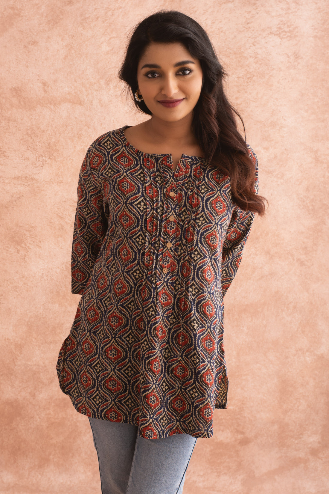 Damask Print Tunic with Pintuck Detailing