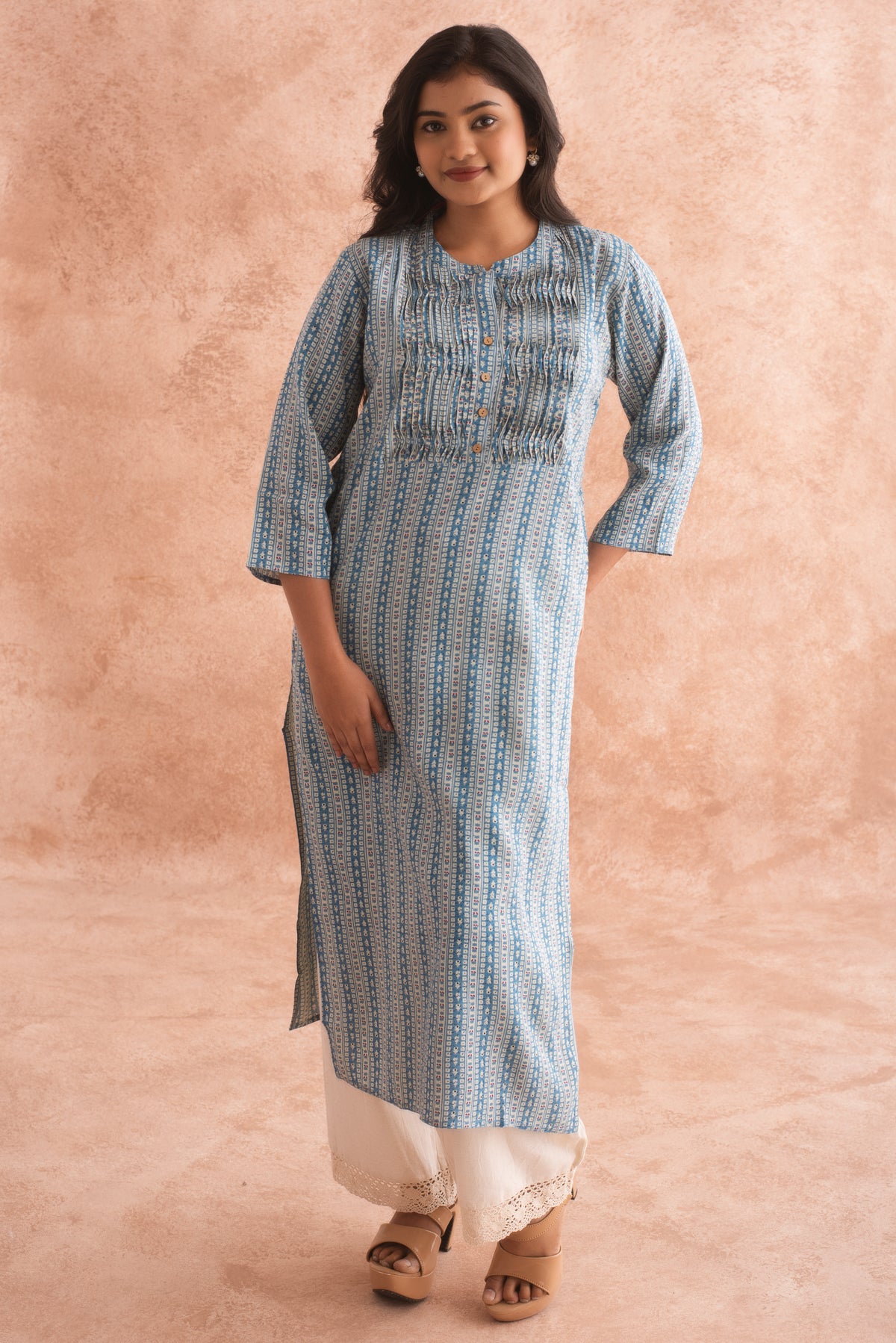 Vintage Aqua Shell Tuck Textured Kurta