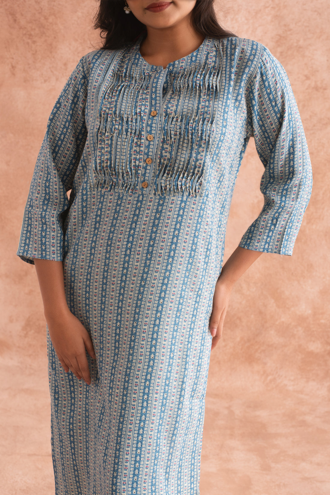 Vintage Aqua Shell Tuck Textured Kurta