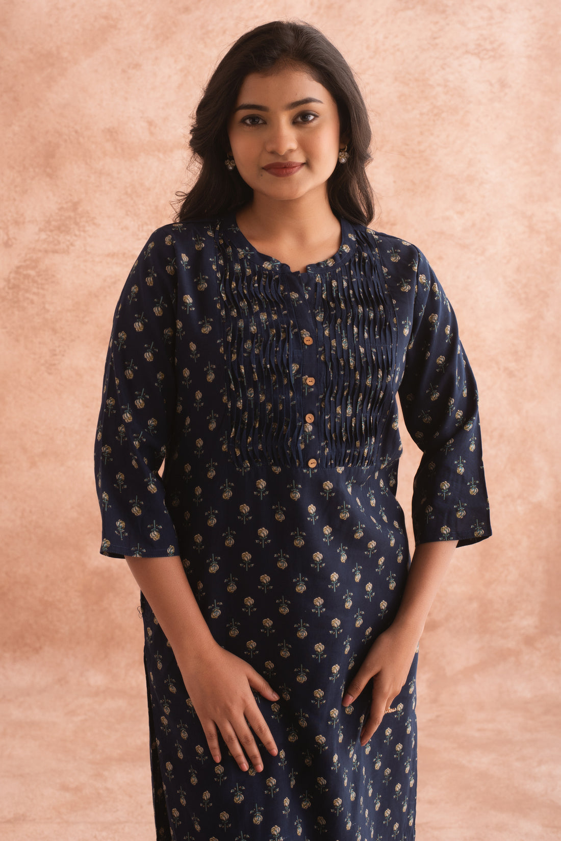 Shell-Embellished Tucked Front Panel Blue Printed Kurta