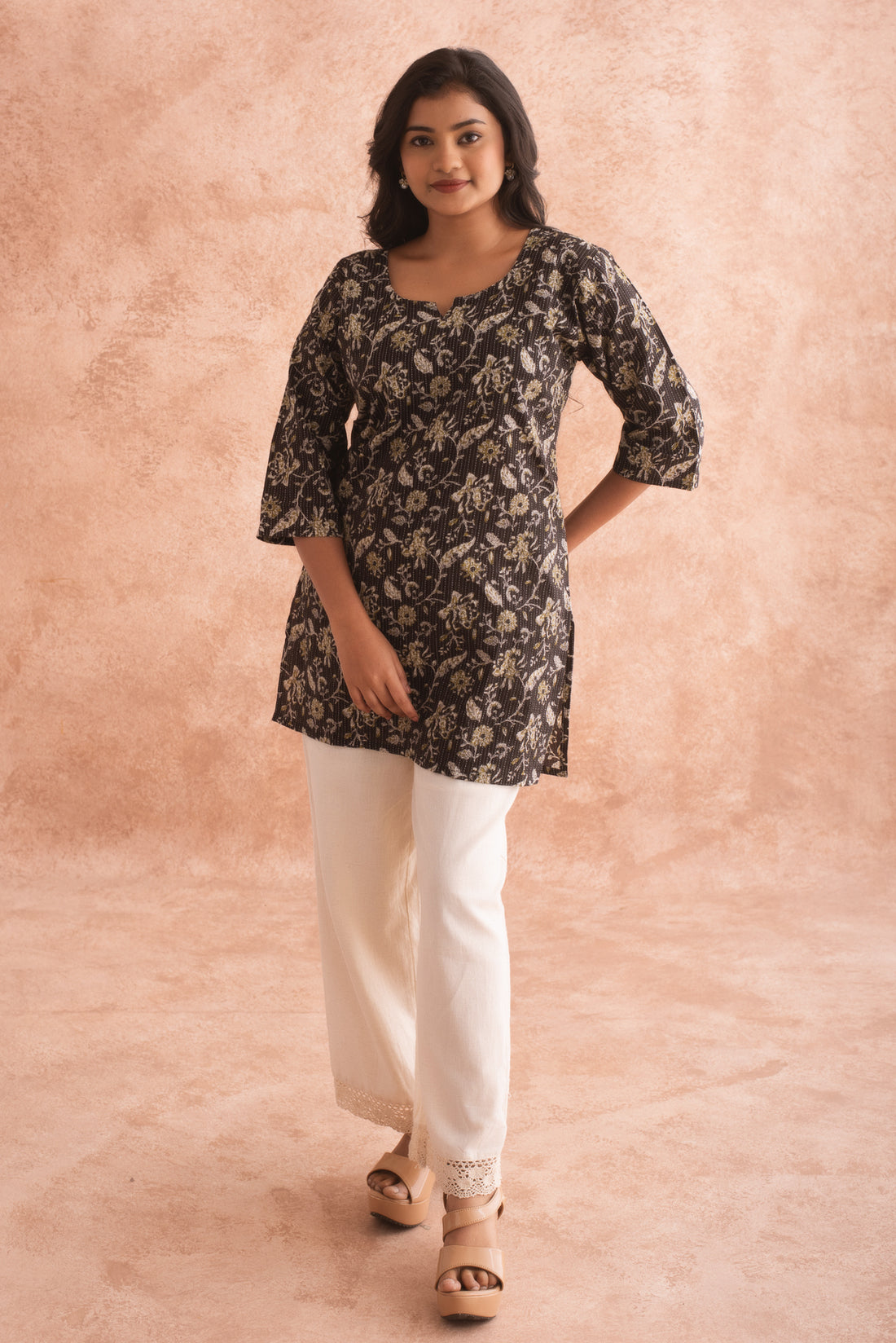 Subtle Black and Beige Kantha Finished Print Tunic