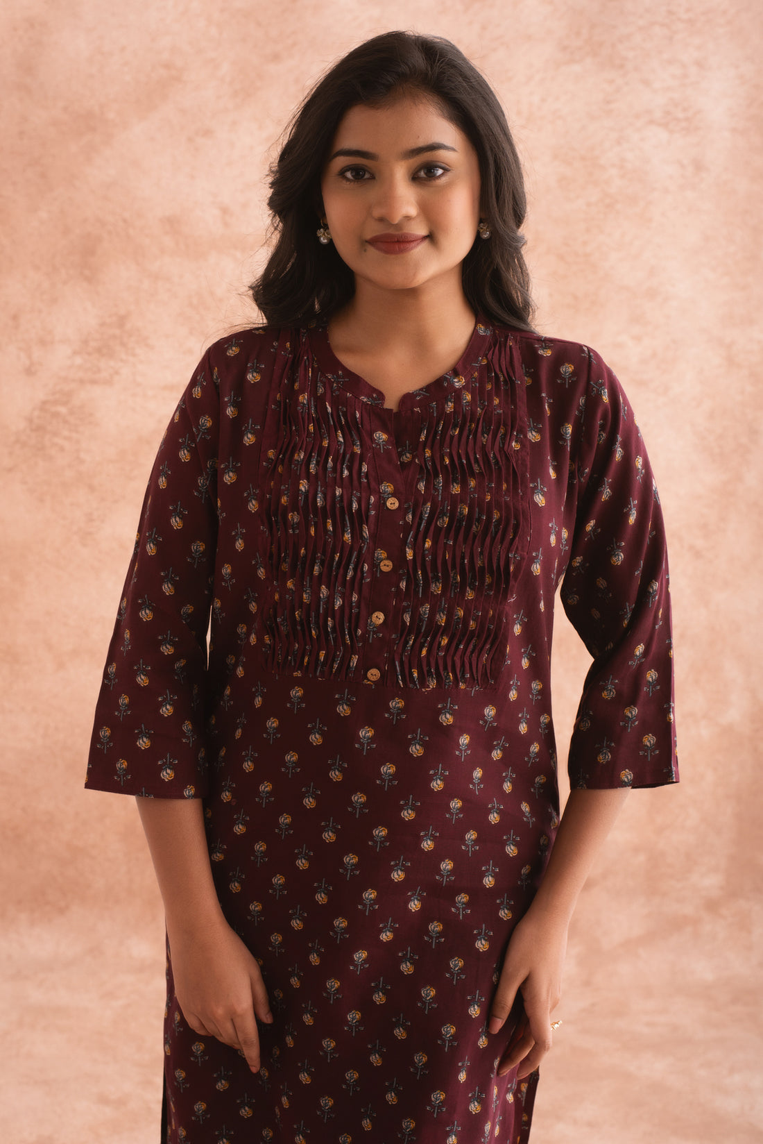 Shell-embellished Tucked Front Panel Maroon Printed Kurta