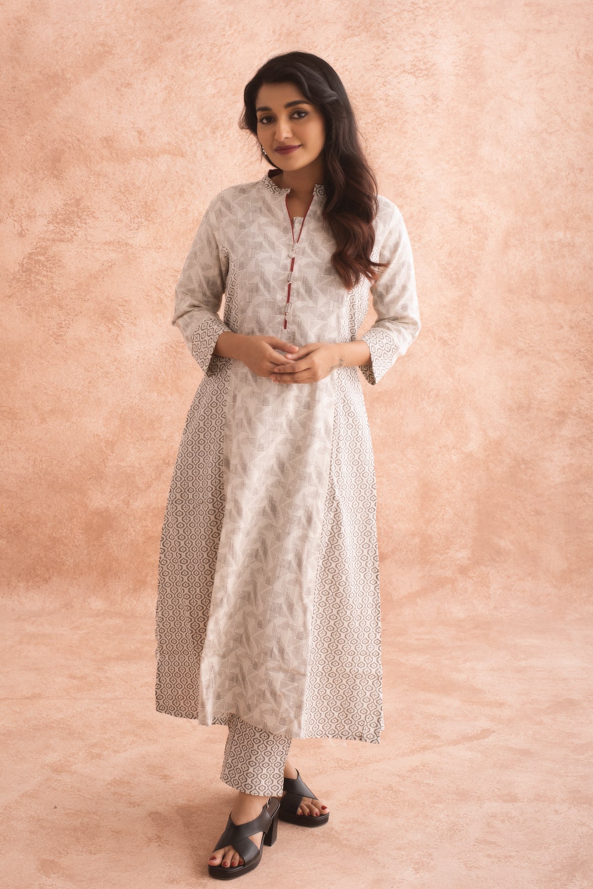 Geometric Paneled A line Beige Kurta Set