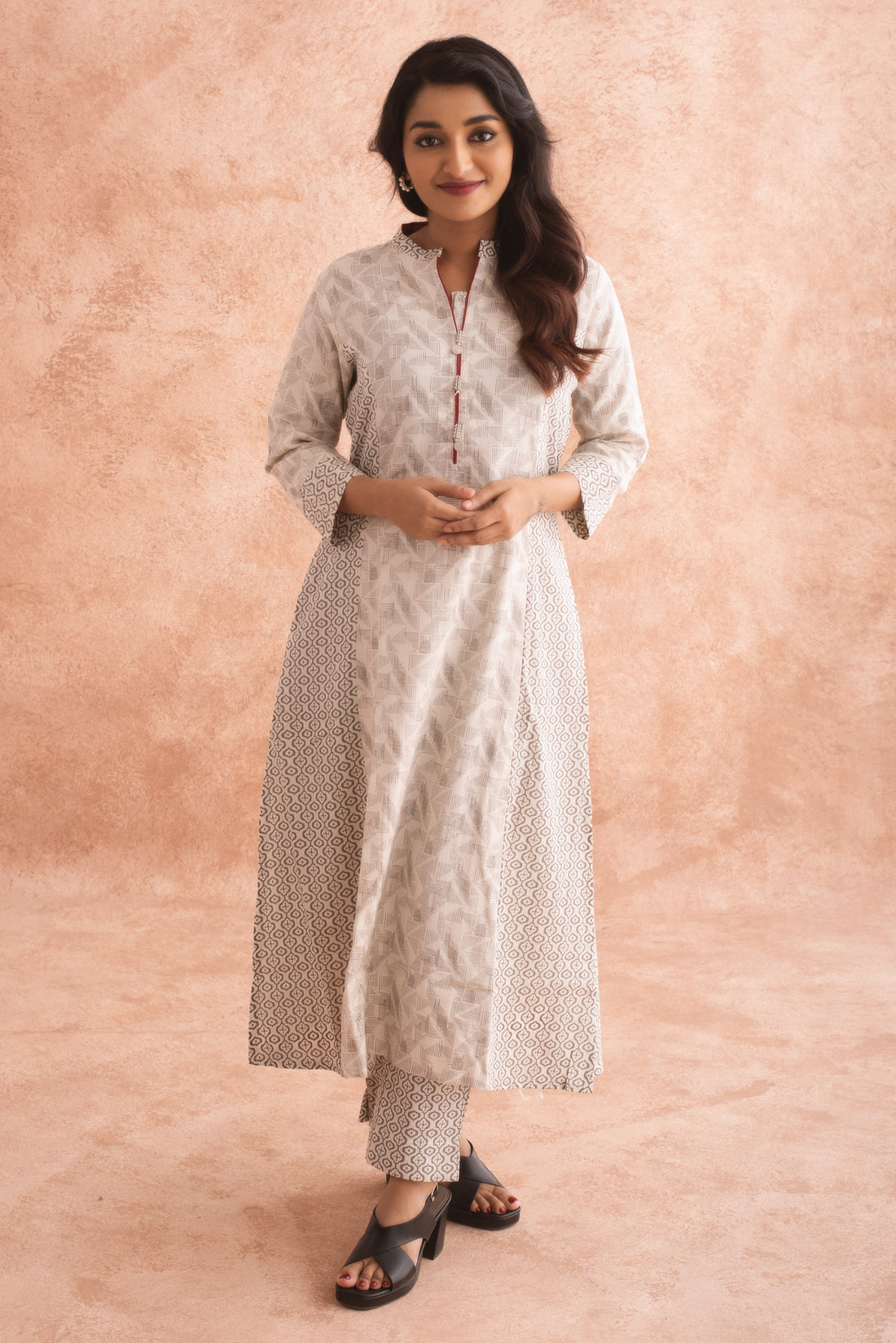 Geometric Paneled A line Beige Kurta Set