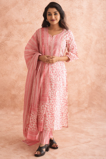 White & peach pink Floral Print Cotton Kurta Set